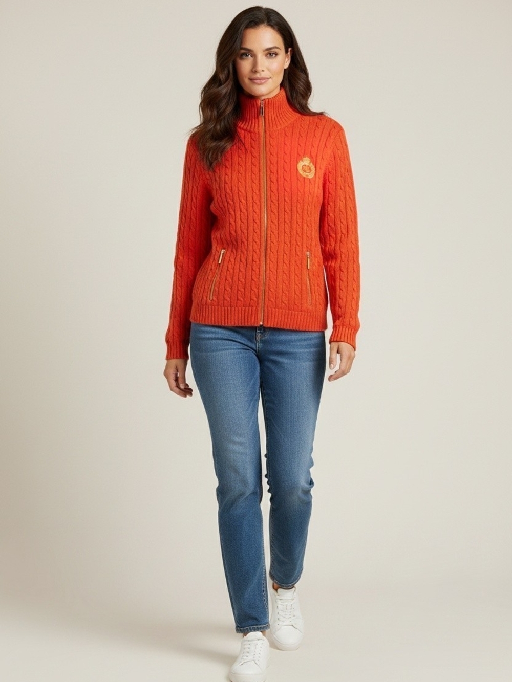 Orange Cable-Knit Zip-Up Jacket